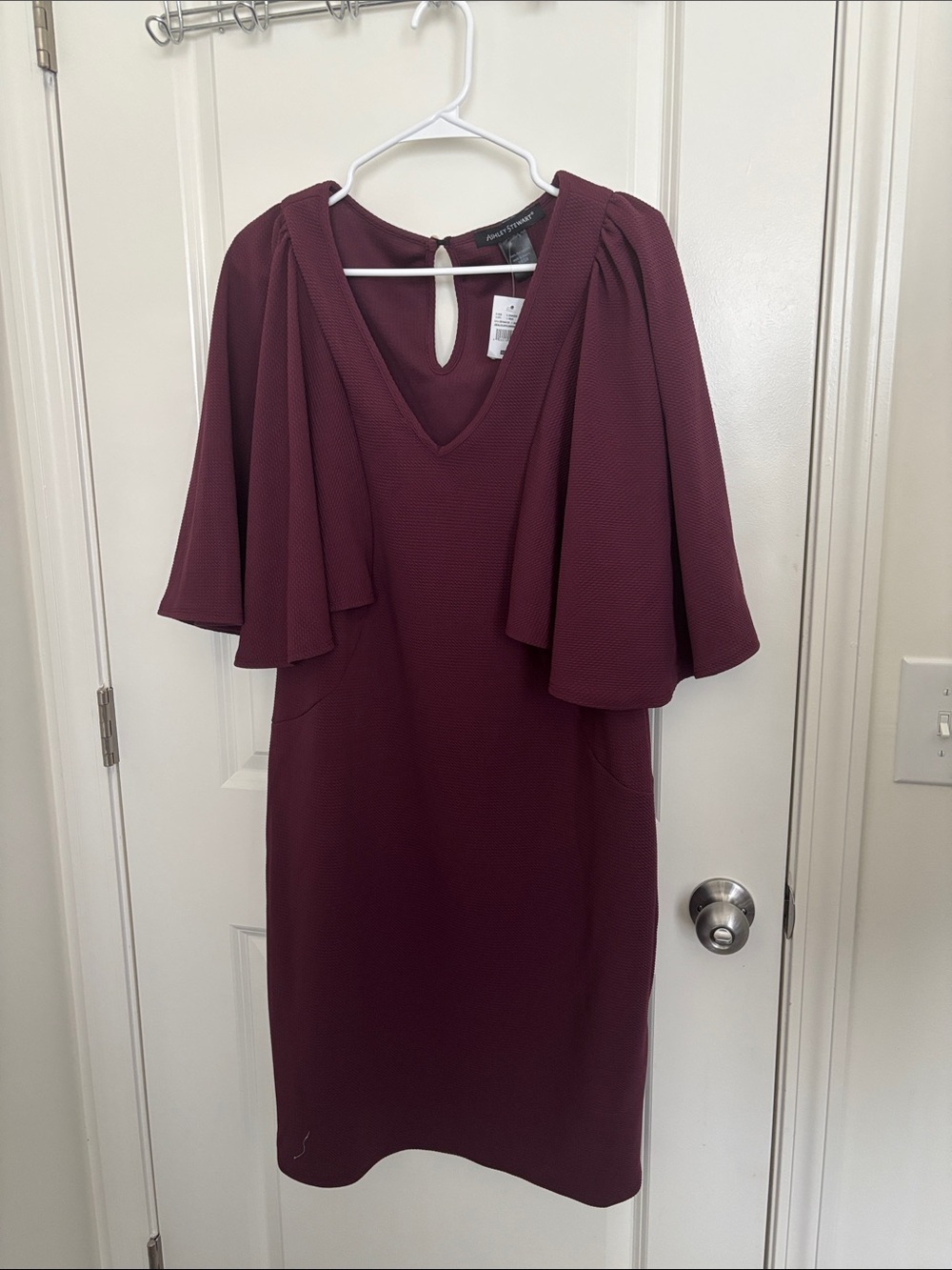 Ashley Stewart Burgundy V-Neck Midi Dress with Flutter Sleeves